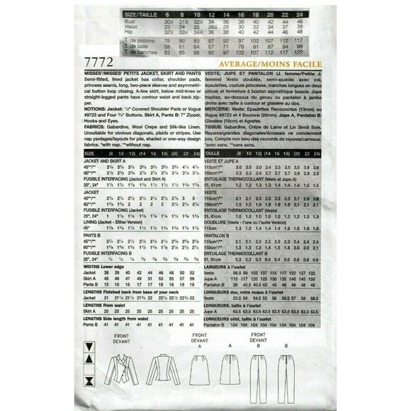 Sewing Pattern Vogue Woman  7772 Misses Jacket Skirt Pants Plus Sizes 20-24 U/C - Picture 2 of 6